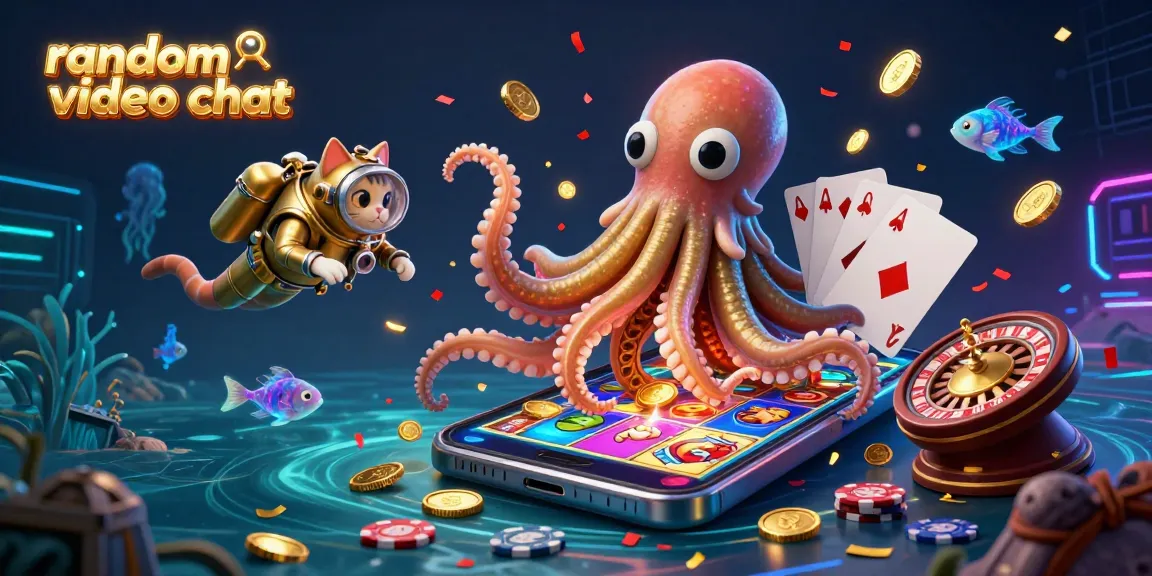 Experience random video chat excitement with thrilling slot reels and golden treasures in this vibrant illustration.