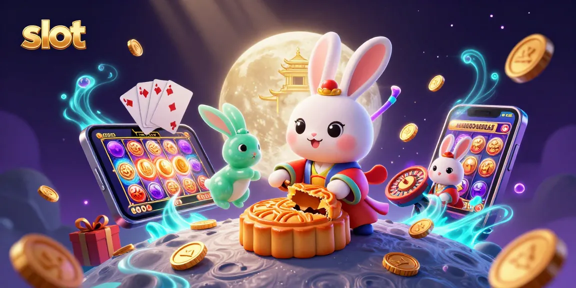 Slot yang menampilkan kelinci bulan memukul bulan kue dengan chip poker di dalamnya, sekelilingnya terdapat elemen kasino.