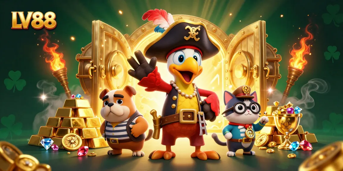 Experience thrilling LV88 gaming with vibrant characters and sparkling treasures in a dynamic casino setting.