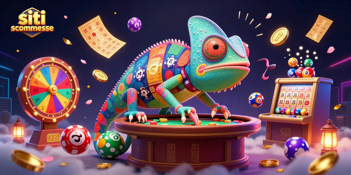 Gioca sui siti scommesse con il camaleonte proprietario del casinò che cattura monete d'oro e palline colorate.