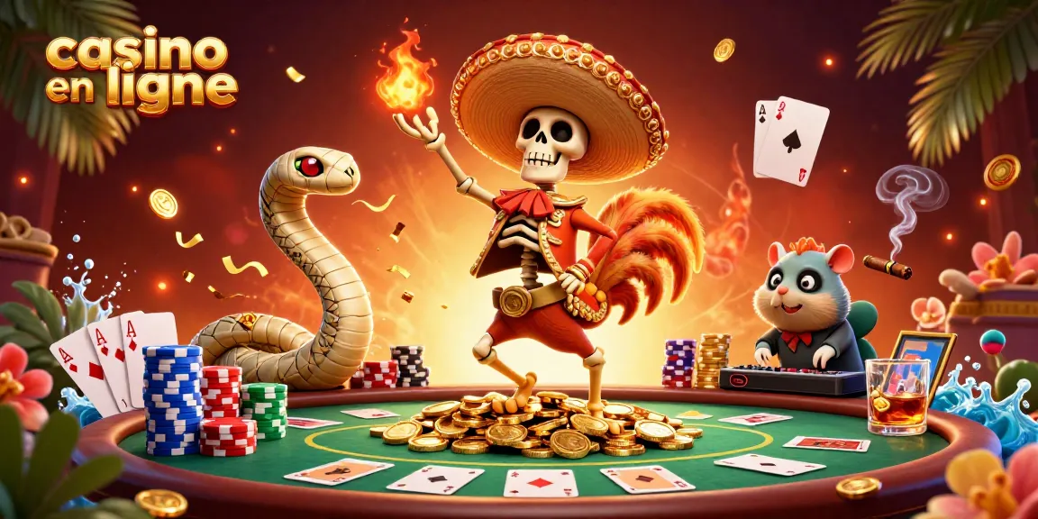 Le casino en ligne interactif mettant en scène un rooster mariachi célébrant sur des pièces d'or avec des éléments de poker.