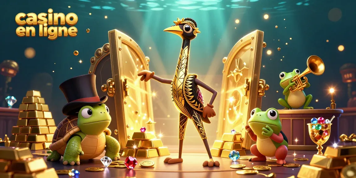 Une illustration montrant un casino en ligne animé avec des personnages de style art déco, rempli de joyaux et de trésors.