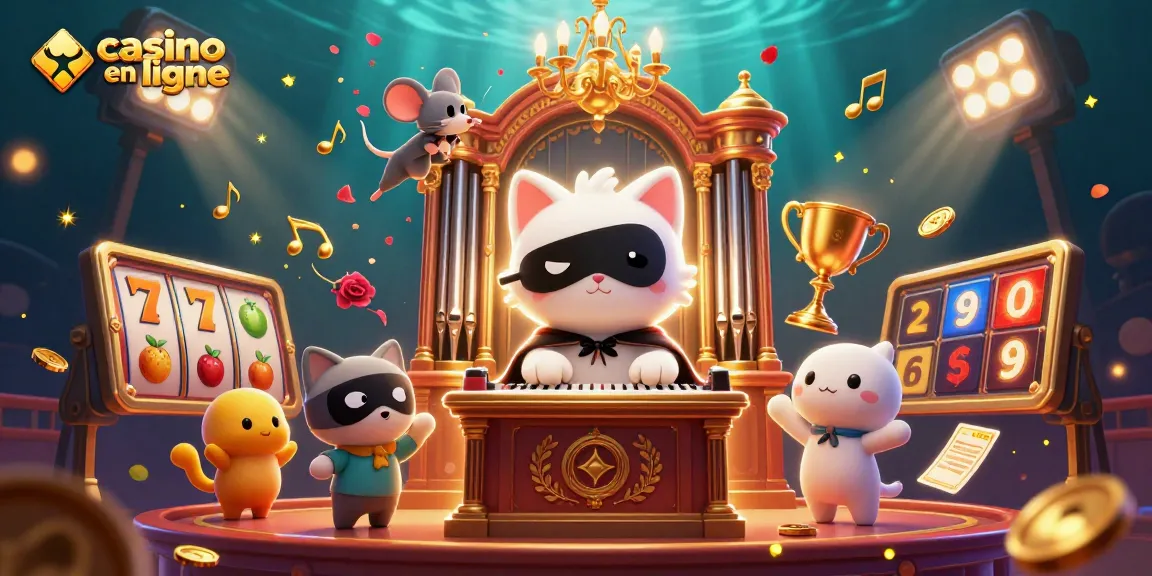 Plongez dans l'univers du casino en ligne avec un chat fantôme jouant d'un orgue, entouré de symboles de machines à sous et de pétales de rose.