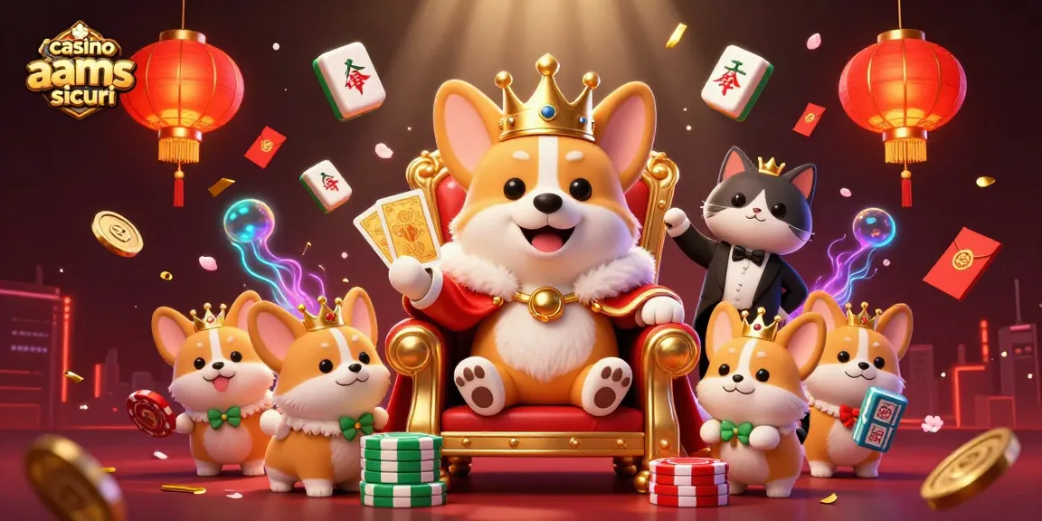 Crea un'esperienza unica nei casinò non AAMS sicuri mentre il corgi reale con corona e mantello di ermellino gioca con fiches e carte dorate.