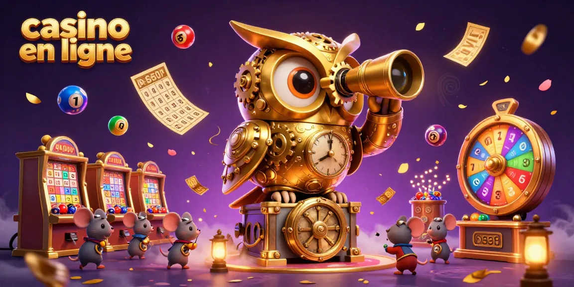 Jouez au casino en ligne captivant avec un hibou en or et des appareils de jeu brillants.