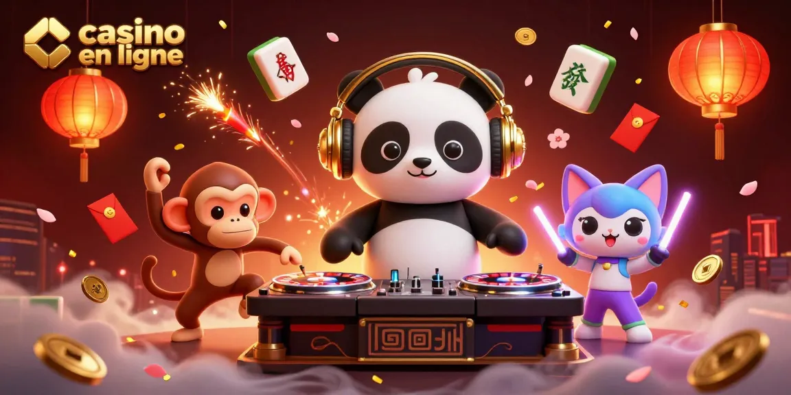 Découvrez l'univers animé du casino en ligne avec un panda DJ, un singe danseur et un chat festif.