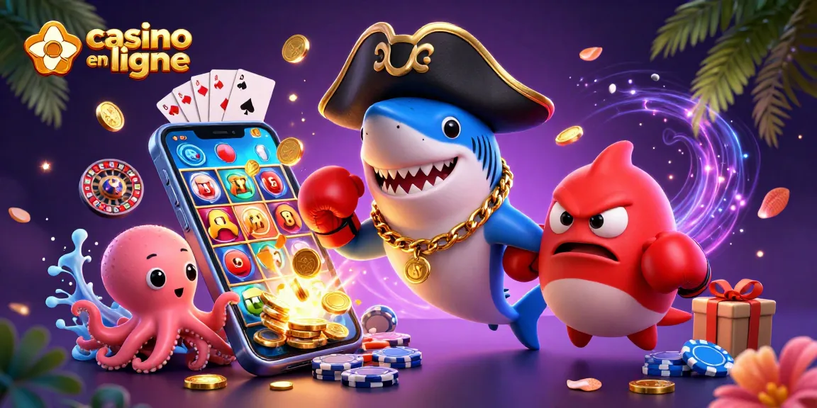 Jouez à casino en ligne avec un requin pirate, un poisson-globe, et une pieuvre tenant des pièces d'or.