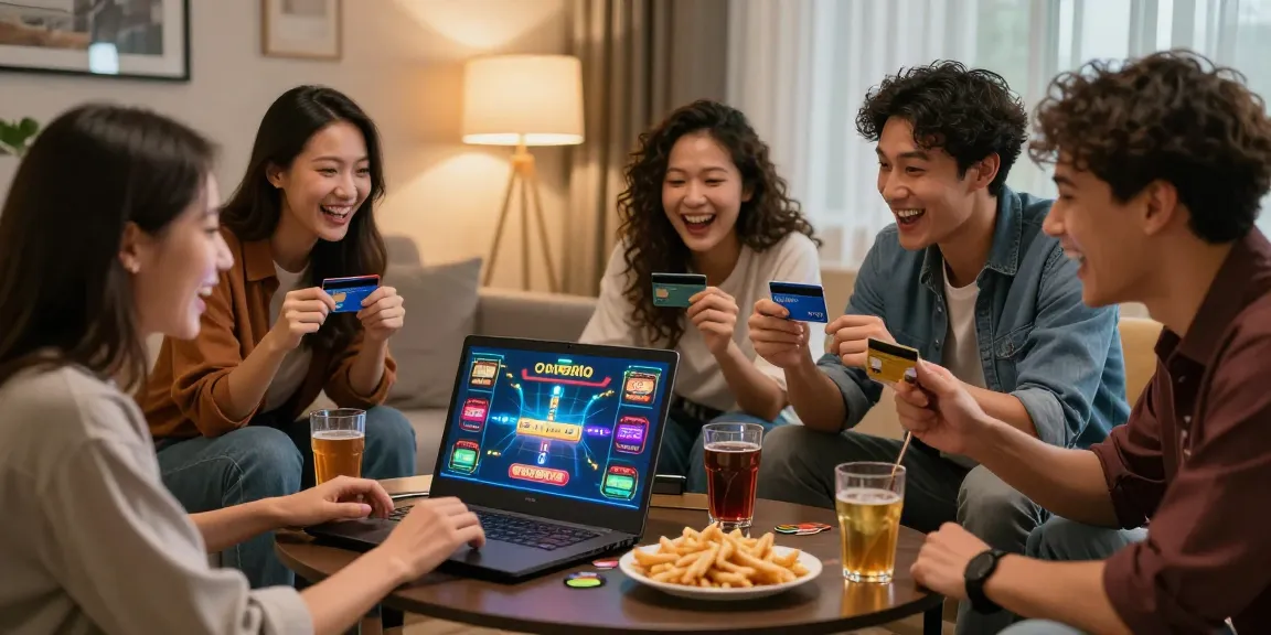 Friends enjoying a gaming night with credit card online casinos in a cozy living room.