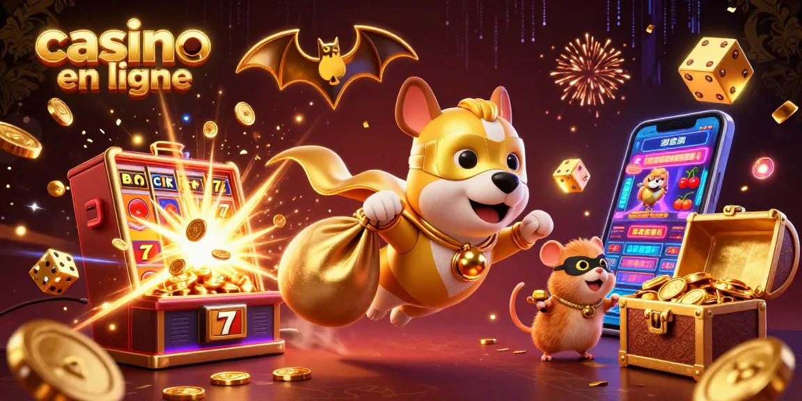Jouez sur casino en ligne avec un héros et un hamster, entourés de jeux et d'éléments de casino.