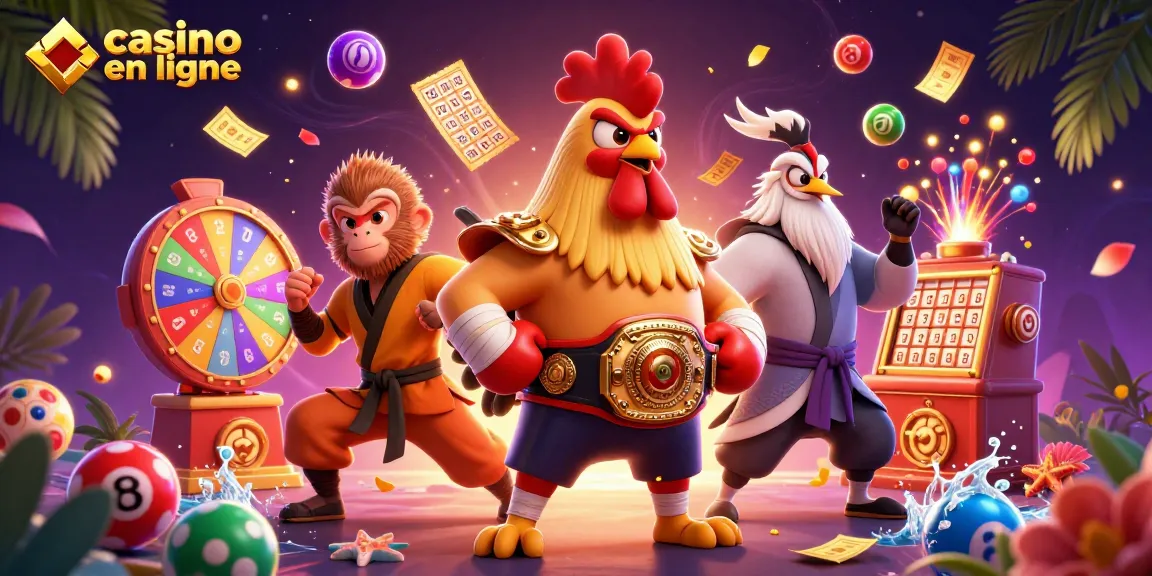 Jouer au casino en ligne avec une illustration dynamique de personnages de jeu animés et des éléments de loterie colorés