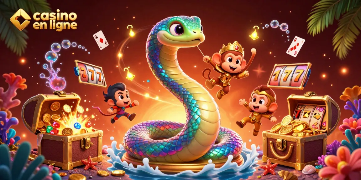 Jouez à des jeux captivants sur un casino en ligne avec une scène pleine de serpent arc-en-ciel et de trésors scintillants.