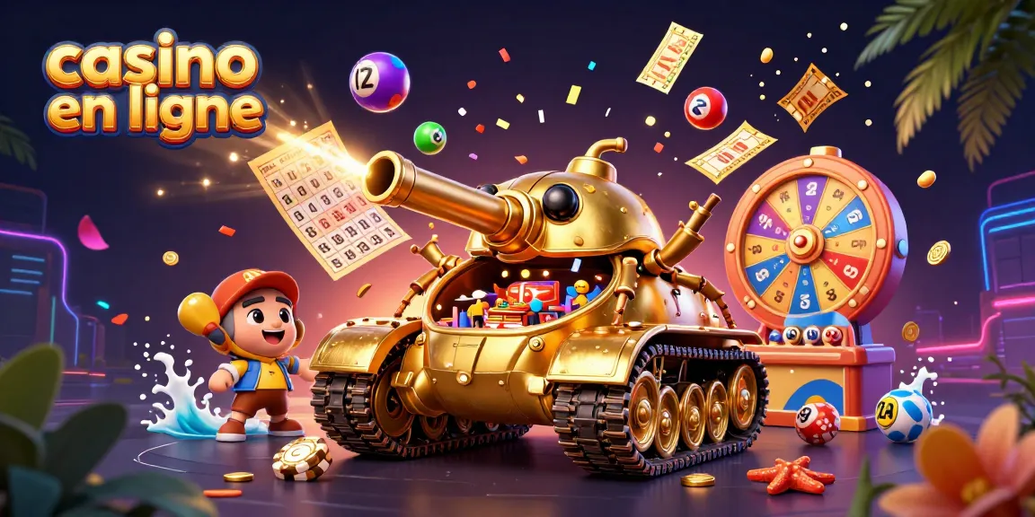 Découvrez le casino en ligne avec un tank à coque dorée et des éléments de jeu éparpillés autour.