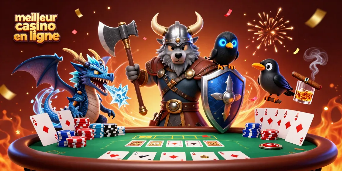 Plongez dans le meilleur casino en ligne avec un guerrier loup, un dragon et des éléments de poker captivants.