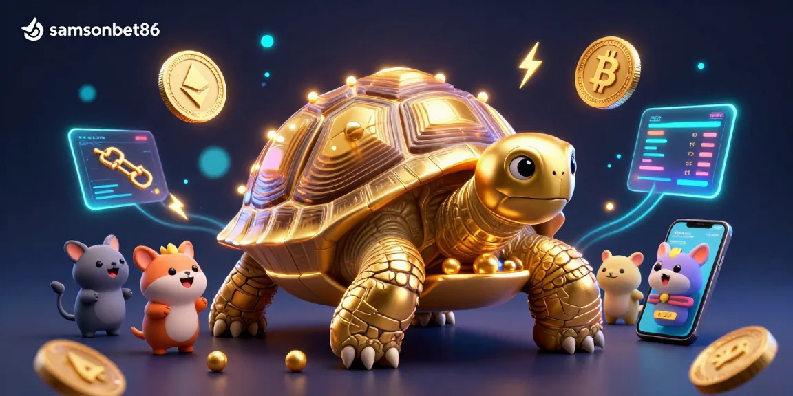 Exciting 3D scene showcasing samsonbet86 featuring a colossal gold tortoise pinball machine with vibrant crypto coins.