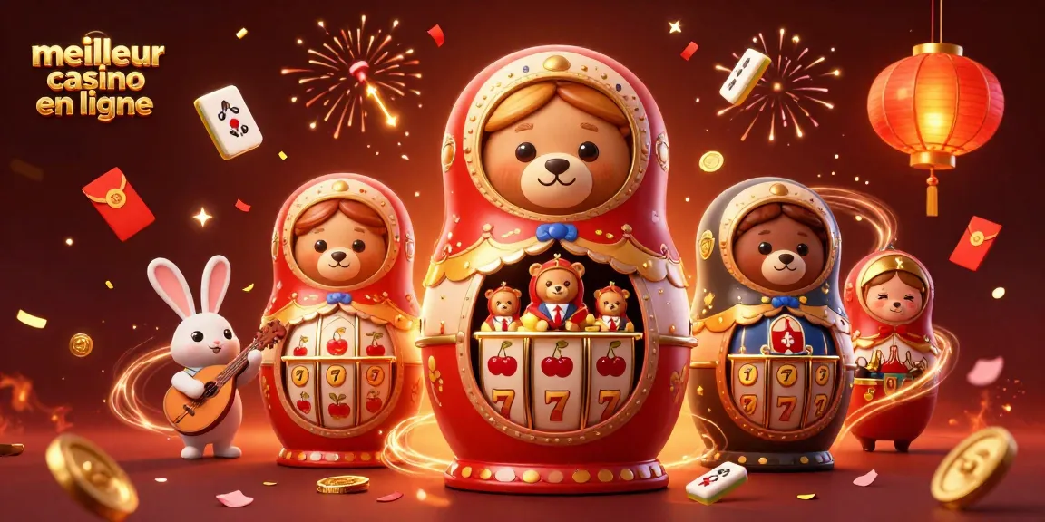 Visitez le meilleur casino en ligne avec une scène animée mettant en vedette des ours de Matryoshka et des éléments de machines à sous.