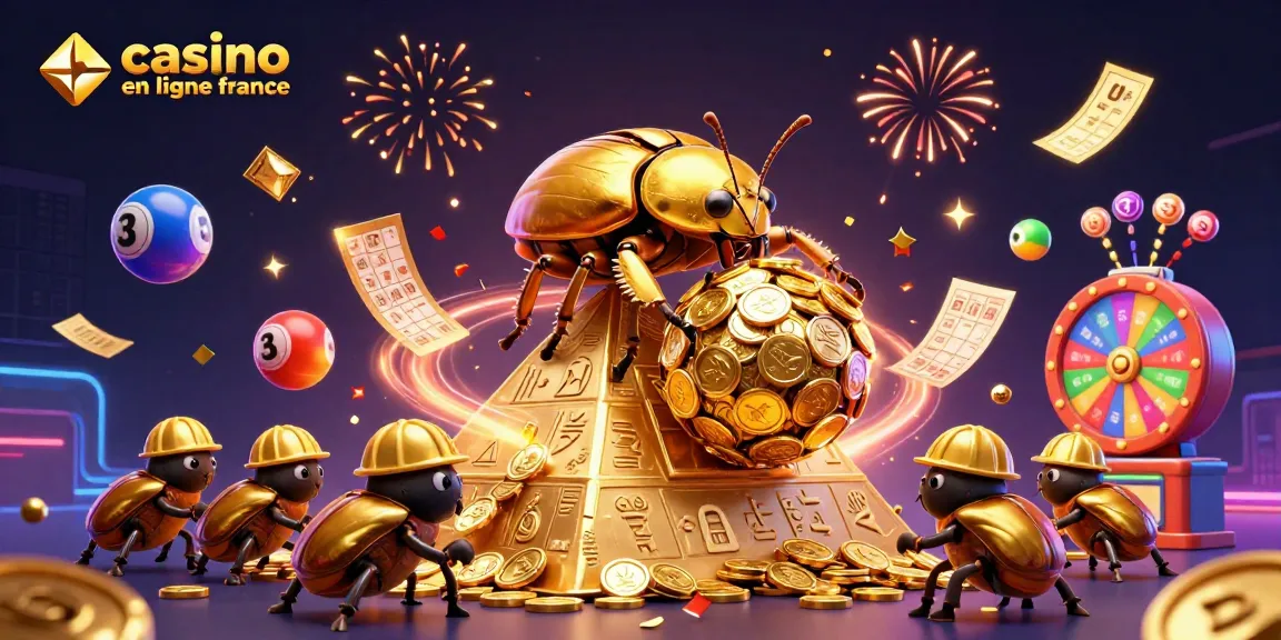 Cette illustration 3D montre des scarabées dorés animés dans un environnement de casino en ligne France, symbolisant le jeu et la chance.