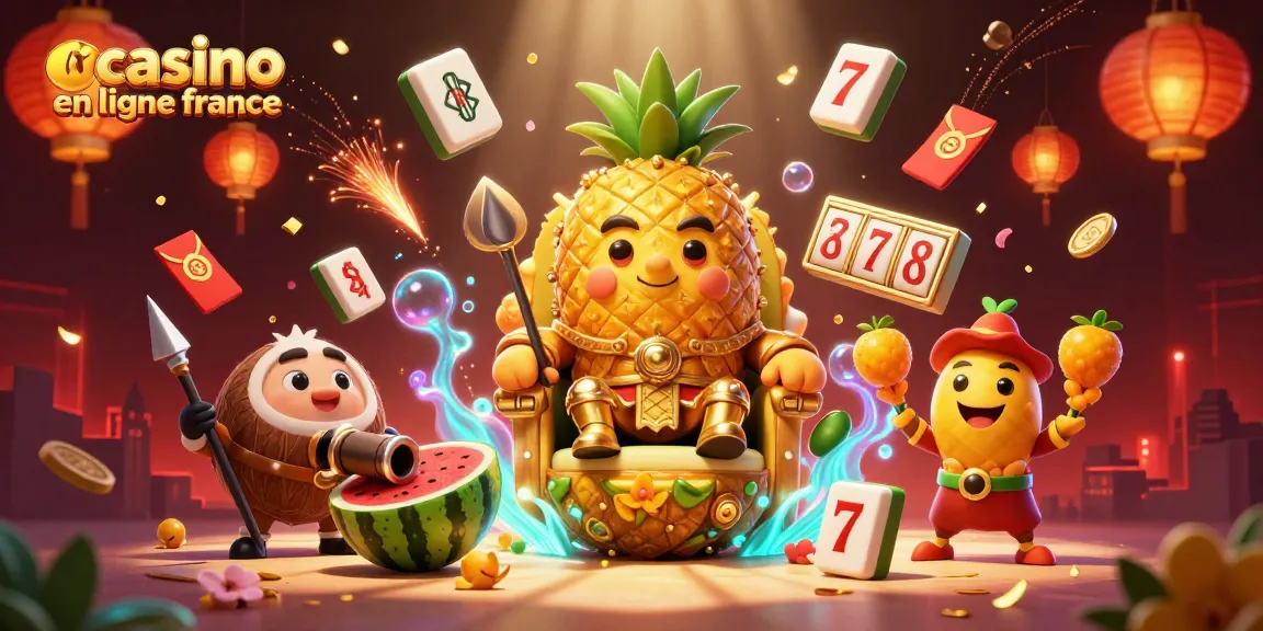 Casino en ligne France : le roi ananas et ses gardes au casino sur la plage animés de bons éléments.