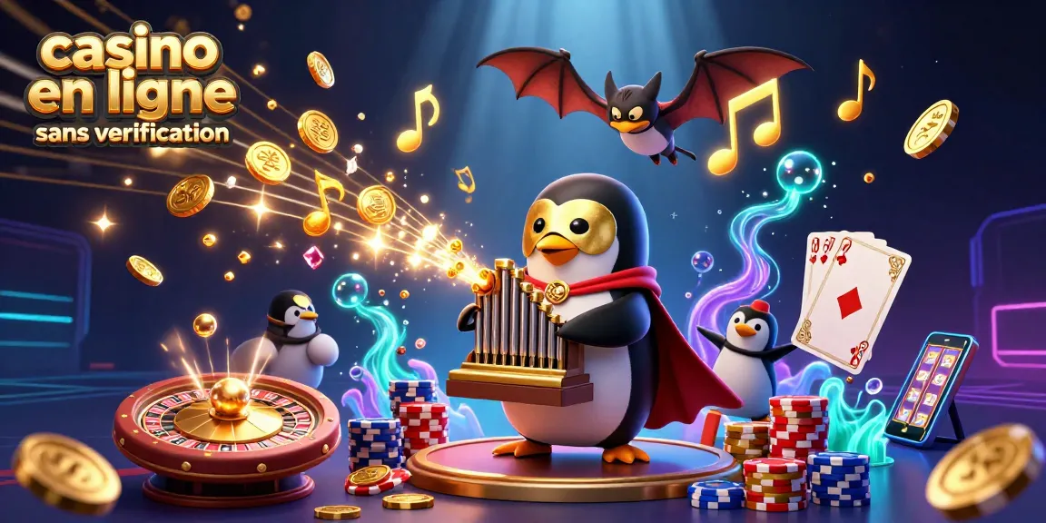 Détail captivant d'un casino en ligne sans vérification avec une illustration de pingouin jouant de l'orgue et des pièces d'or