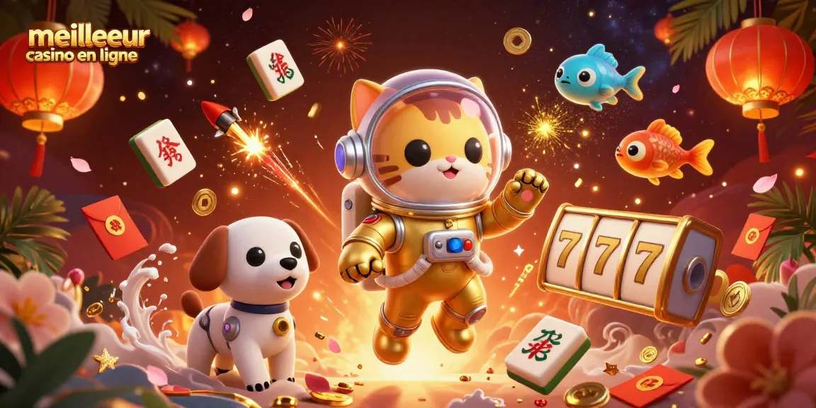 Le meilleur casino en ligne avec un chat astronaute et un chien robot flottant dans l'espace, entourés d'éléments de jeu captivants.