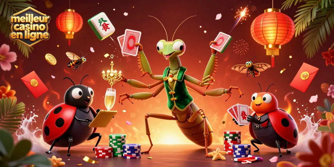 Une scène animée représentant le meilleur casino en ligne avec un mante religieuse et un croupier, entourés d'éléments de jeu exubérants.