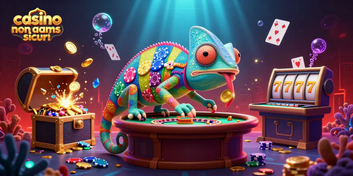 Cattura l'attenzione con un chameleon proprietario di un casino non aams sicuri in un'illustrazione vivace e dettagliata.