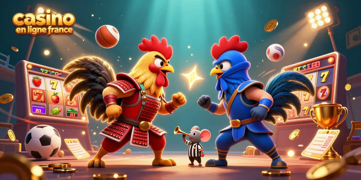 Deux coqs combattants en armures colorées illustrent l'animation du casino en ligne France.