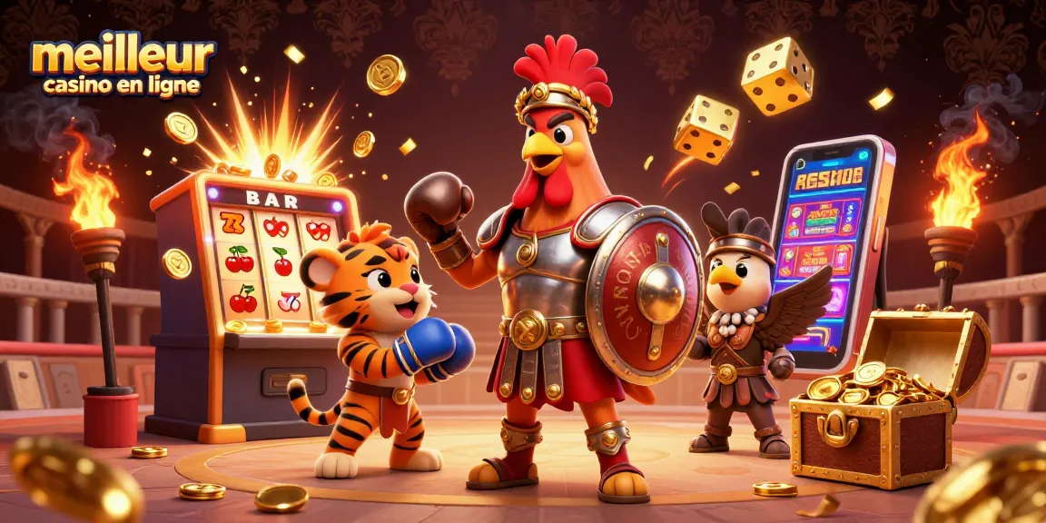 Jouez au meilleur casino en ligne avec un rooster gladiateur et des éléments de jeu animés.
