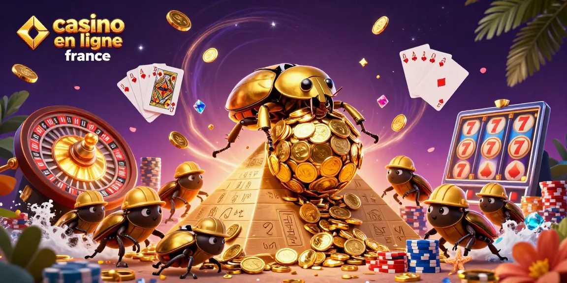 Illustration festive de casino en ligne France avec un scarabée doré et des pièces volantes.