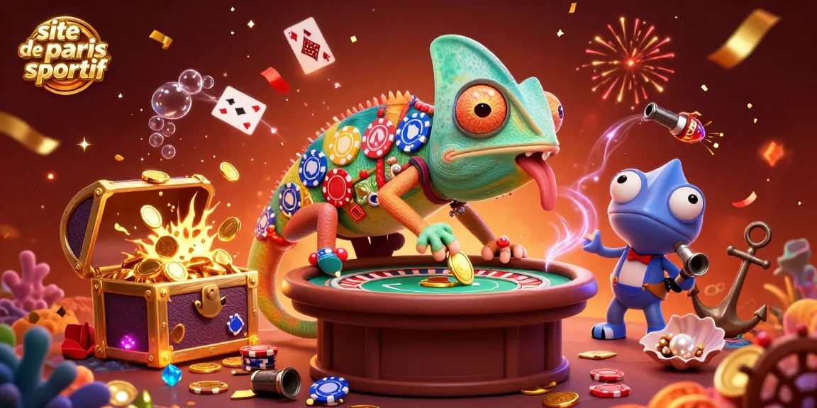 Jouez sur le site de paris sportif avec une scène animée présentant un chameleon du casino plein de couleurs et d'énergie.