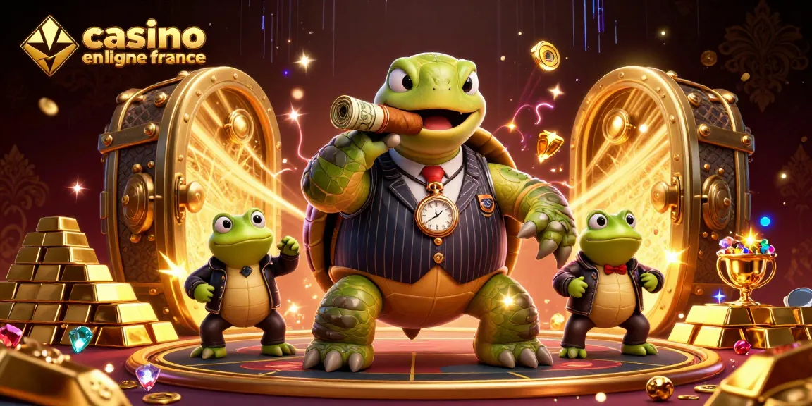 Plongez dans l'univers du casino en ligne France avec une illustration animée de tortue mafieuse et d'enforcers.
