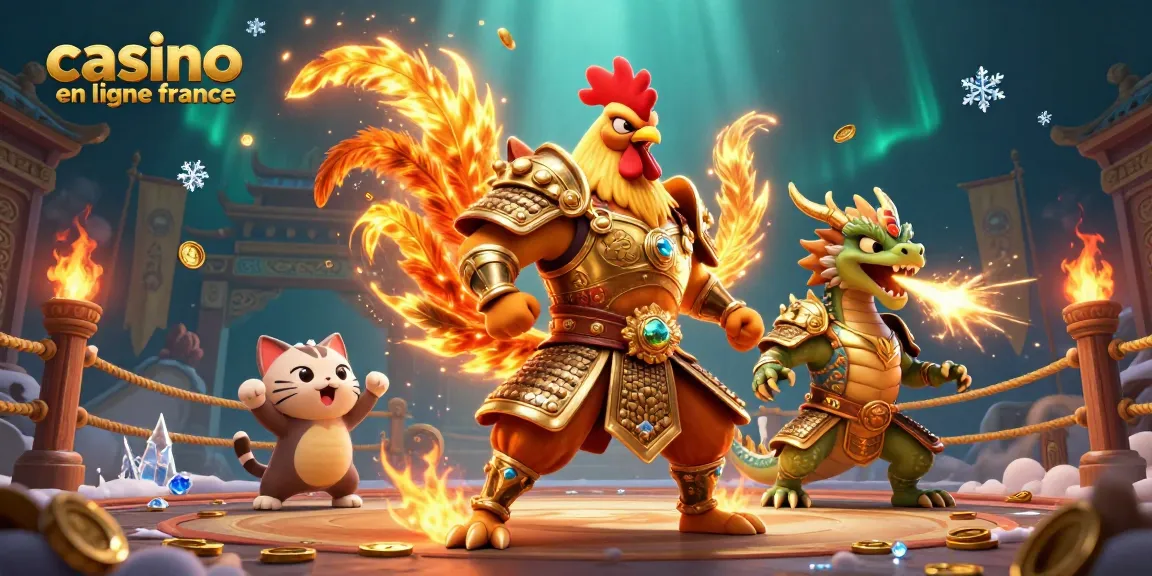 Illustration dynamique d'un combat entre un coq samouraï et un dragon, symbole du casino en ligne France.