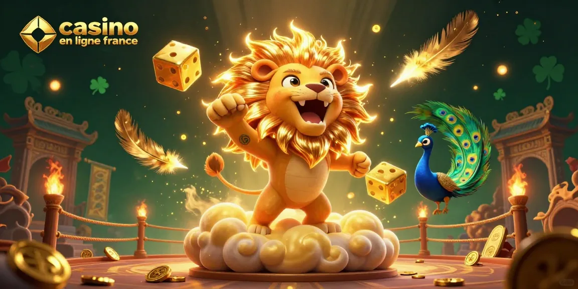 Casino en ligne France: une illustration vibrante d'un lion solaire et des dés dorés avec des éléments de jeu captivants.