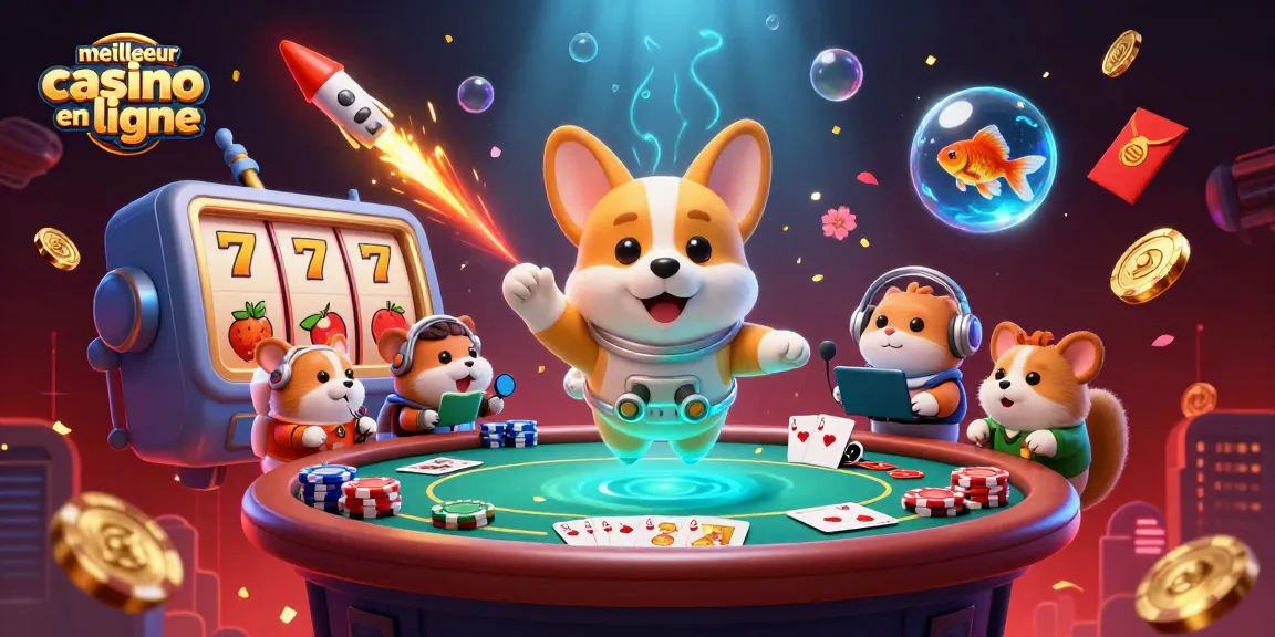 Le meilleur casino en ligne visualisé par un corgi astronaute flottant dans un casino spatial, entouré de jetons et de symboles de machines à sous.