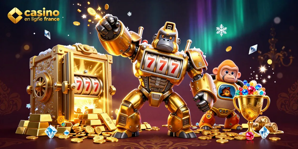 Illustration d'un gorille mech doré représentant le casino en ligne France, avec des éléments de jeu scintillants.