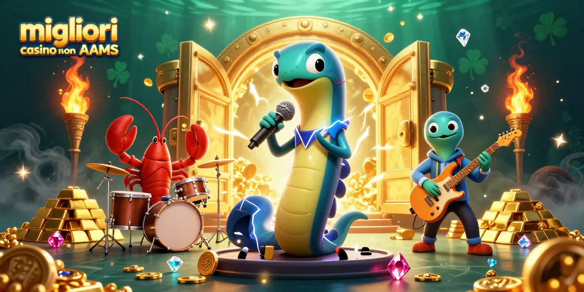 Scopri i migliori casino non AAMS con luci e gemme in un'illustrazione vivace di un DJ subacqueo e band.