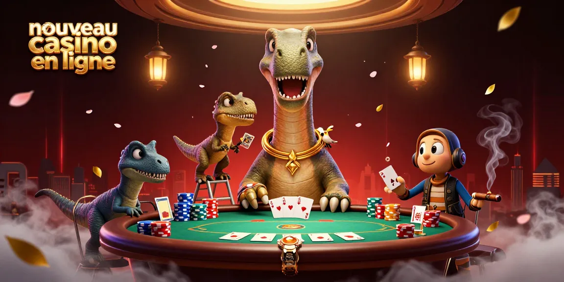 Admirez les détails du nouveau casino en ligne avec un brontosaurus géant et un raptor distribuant des cartes.