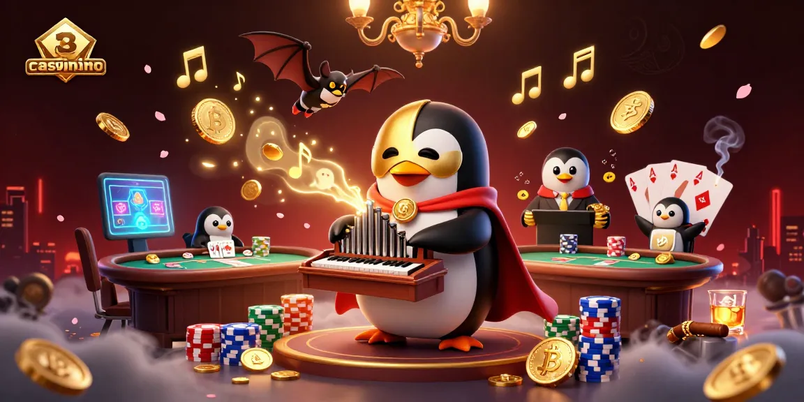 Une scène immersive de casino crypto, où un pingouin fantôme joue un orgue à pièces dorées tout en étant entouré de symboles de crypto.