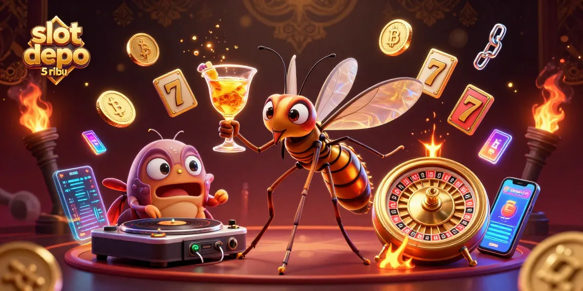 Engage in thrilling action at slot depo 5 ribu with a lively casino scene featuring 3D characters and vibrant game elements.