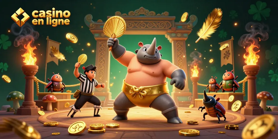 Casino en ligne : une scène dynamique de compétition avec un scarabée champion et des éléments de jeu attrayants.