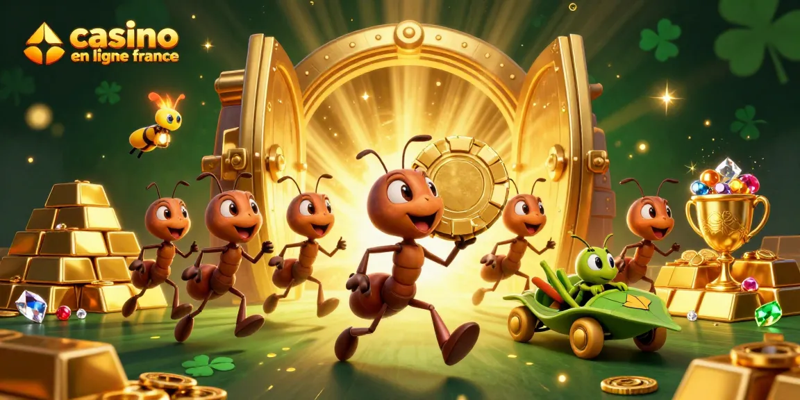 Les fourmis transportent une grande puce de poker dans un tunnel éclairé par un luciole, ambiance casino en ligne France magique.
