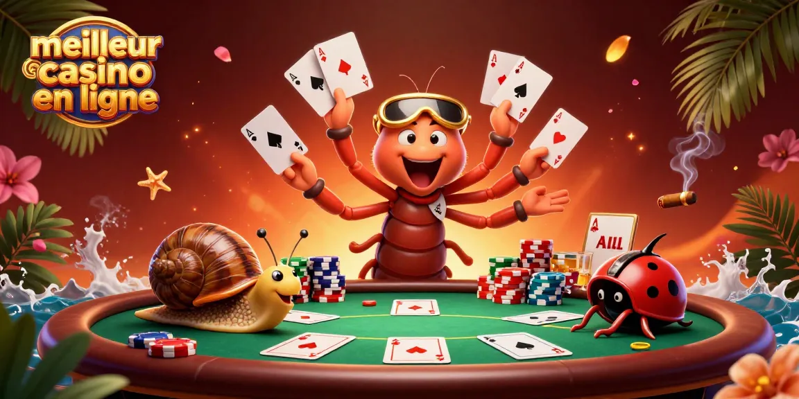 Une scène dynamique de jeu représentant le meilleur casino en ligne avec des personnages animés et des éléments de poker éblouissants.