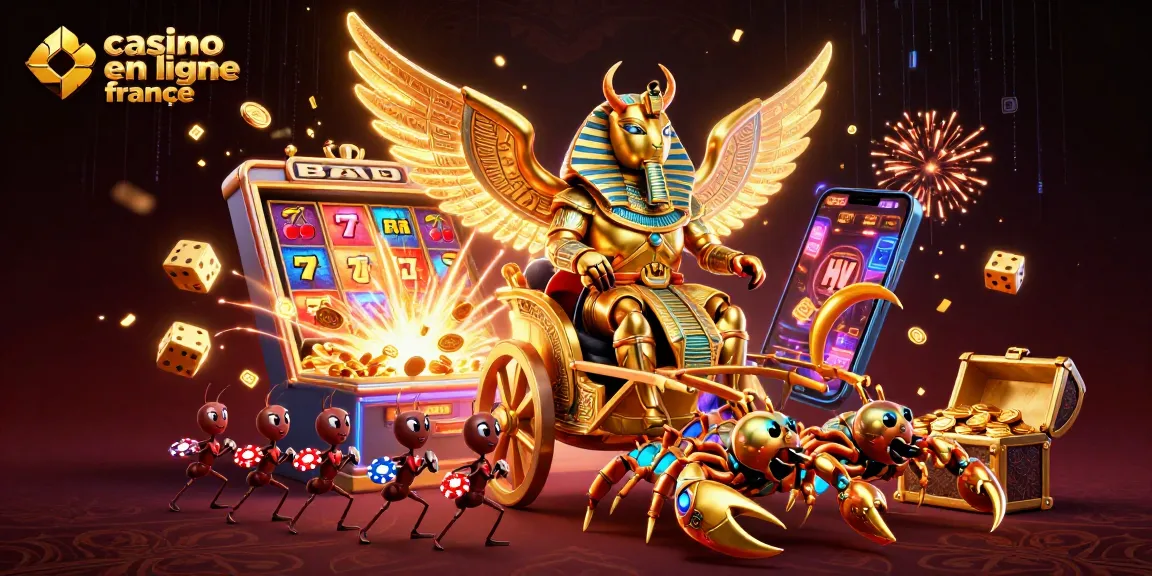 Vivez l'expérience de casino en ligne France avec un scarabée colossal et des scorpions dans une illustration dynamique.