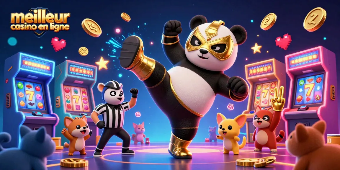 Plonger dans l'univers du meilleur casino en ligne avec un panda lutteur et des animaux spectateurs, entourés de machines à sous colorées.