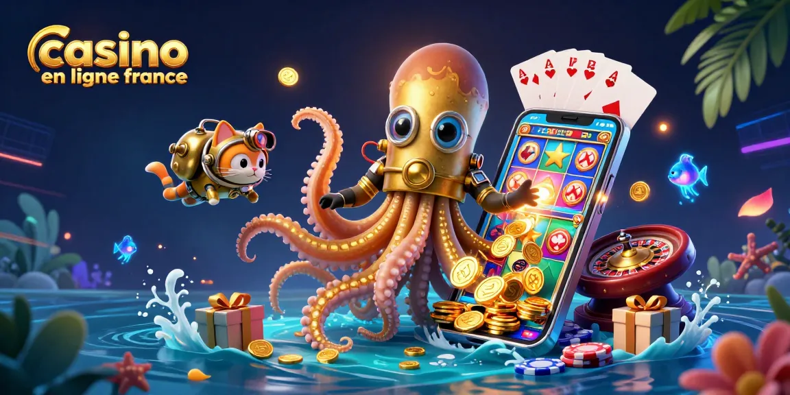 Illustration de "casino en ligne france" avec un kraken et un chat plongeur, entourés de jeux de casino.