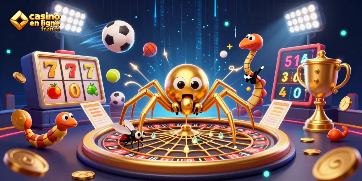 Visualisez l'animation du casino en ligne France avec une araignée dorée et des éléments de jeux captivants.