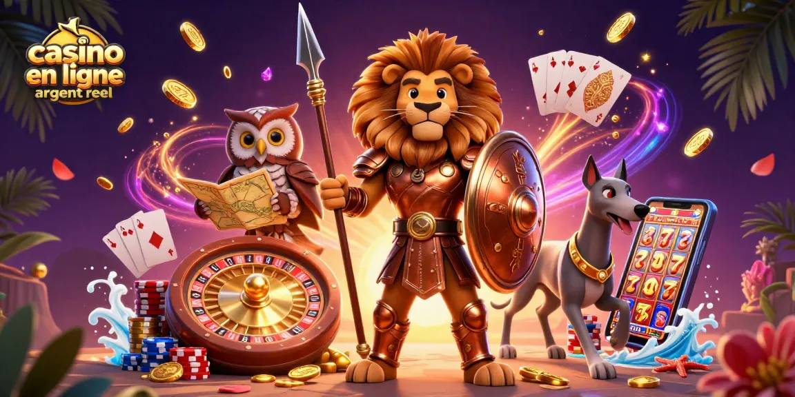 Illustration dynamique sur le thème du casino en ligne argent réel avec un lion spartan, une chouette et un greyhound.