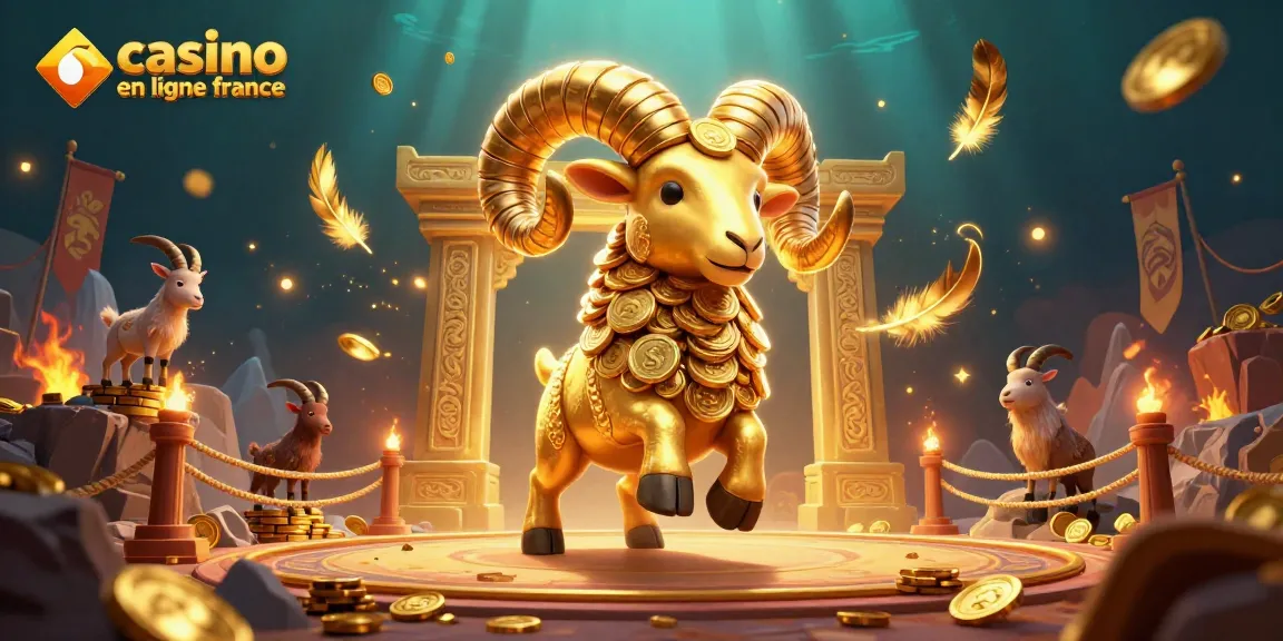 Illustration dynamique du casino en ligne France avec un bélier doré, des pièces et des effets atmosphériques