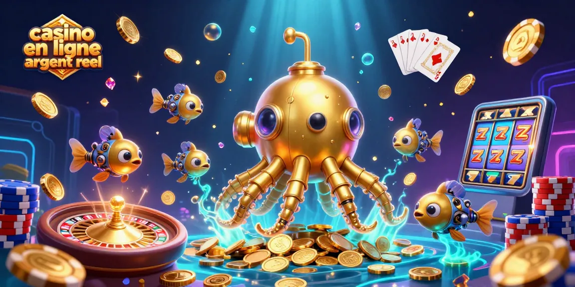 Jouez au casino en ligne argent réel avec un kraken doré entouré de pièces et de jeux.