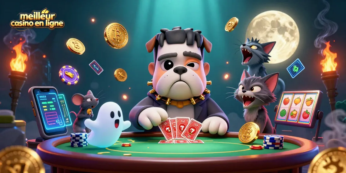Jouer au meilleur casino en ligne avec un bulldog Frankenstein à une table de poker, pièces brillantes autour.