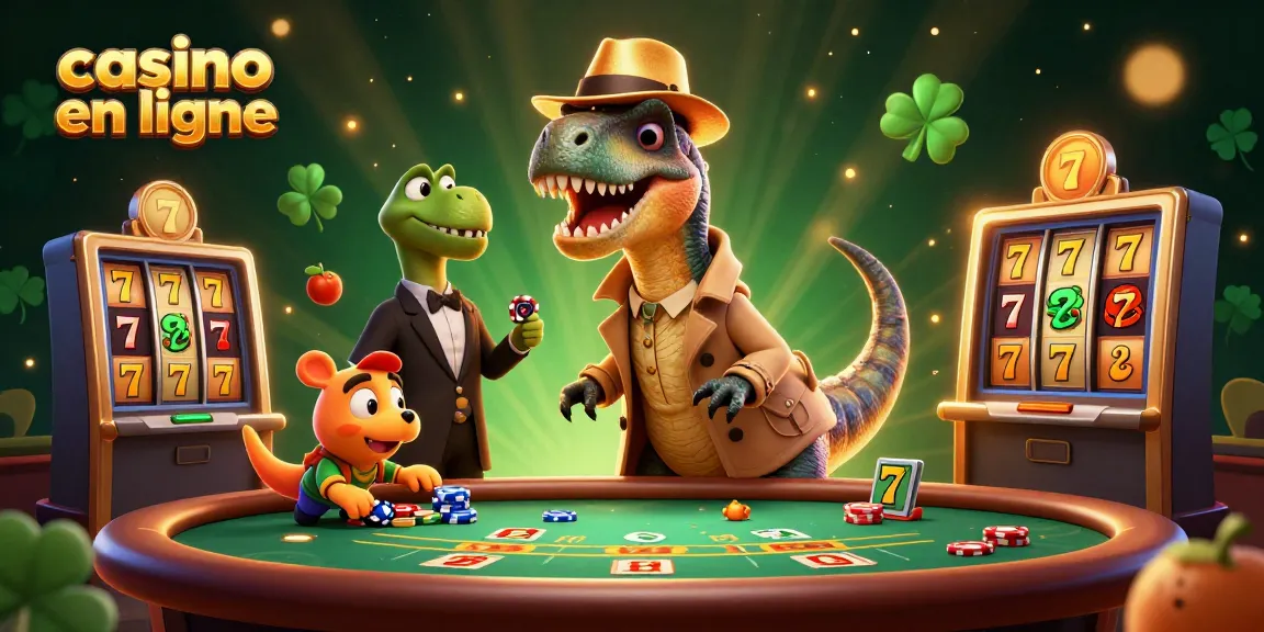 Aperçu d'un casino en ligne avec des personnages de dinosaures jouant aux jeux de cartes et aux machines à sous.